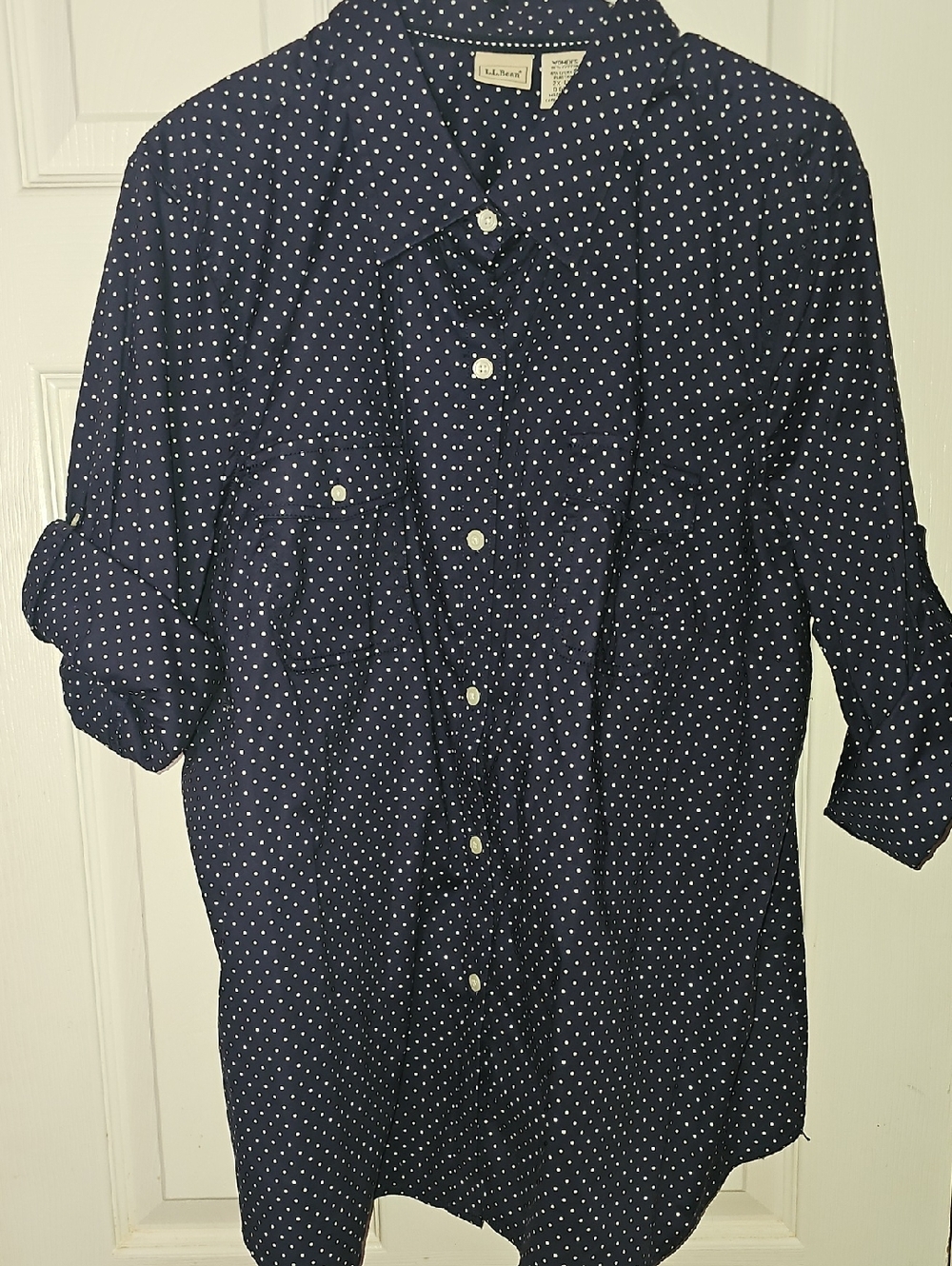 L.L. Bean Women's 2X EXT Navy Blue Polka Dot Button Front